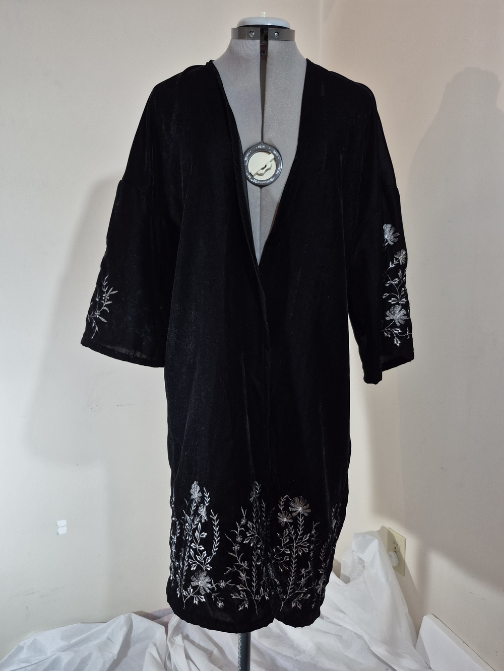 Mango Black Velvet Embroidered Kimono Coat